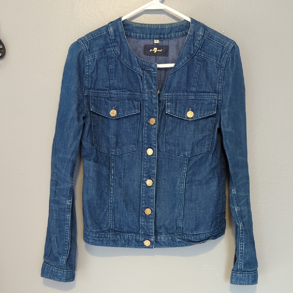 7 For All Mankind Dark Blue Denim Jacket with Gold Buttons Small S